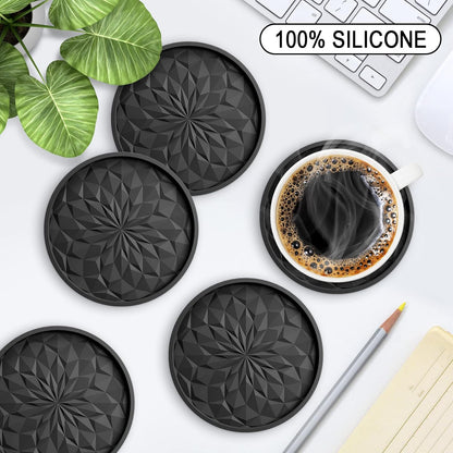 Silicone Coasters [6 Pack] Coasters with Holder -  Live for Hot or Cold Drink Thickened, Non-Slip, Non-Stick, Deep Tray