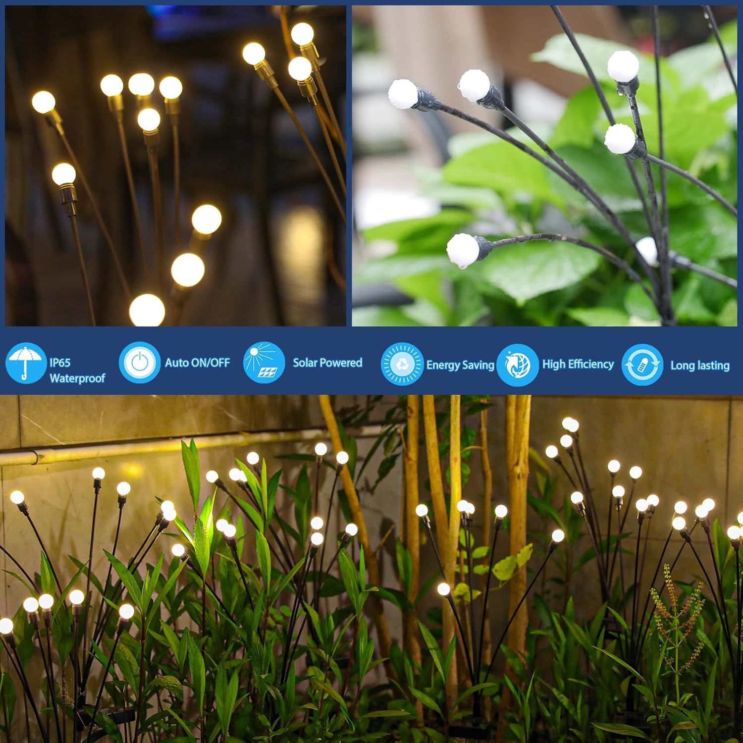 Solar Garden Lights - Sway by Wind, Solar Outdoor Lights, High Flexibility Iron Wire & Heavy Bulb Base, Warm White