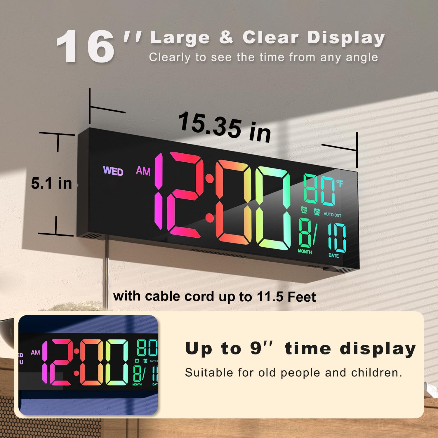 16" Large Digital Wall Clock with Remote Control, Dual Alarm with Big LED Screen Dispaly, 8 RGB Colors, Auto DST, Temperature, Mounted