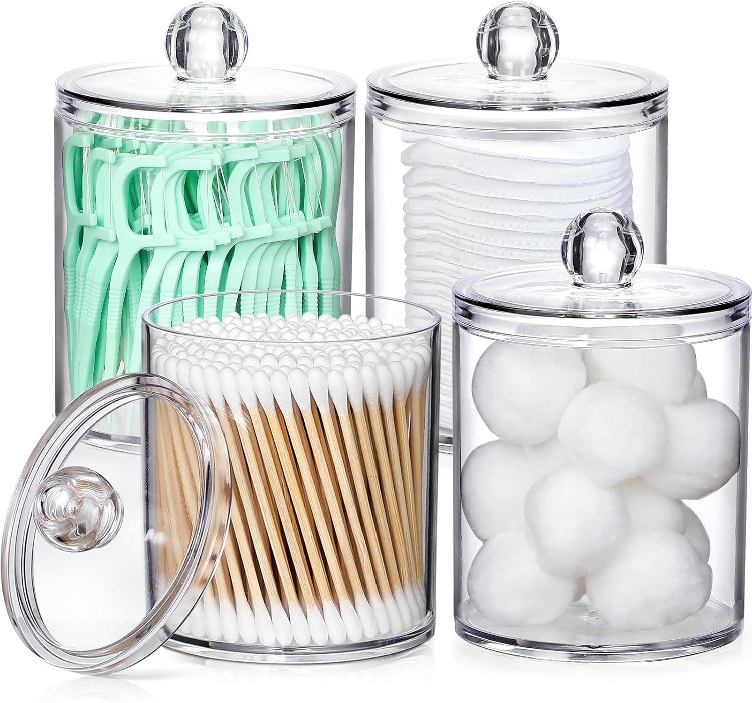 4 Pack Acrylic Qtip Holder Dispenser for Cotton Swabs, Balls, Pads, Floss Picks- Small Clear Plastic Canister Apothecary Jar Set, Vanity Makeup Storage Organizer