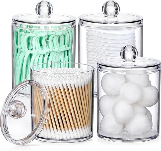 4 Pack Acrylic Qtip Holder Dispenser for Cotton Swabs, Balls, Pads, Floss Picks- Small Clear Plastic Canister Apothecary Jar Set, Vanity Makeup Storage Organizer
