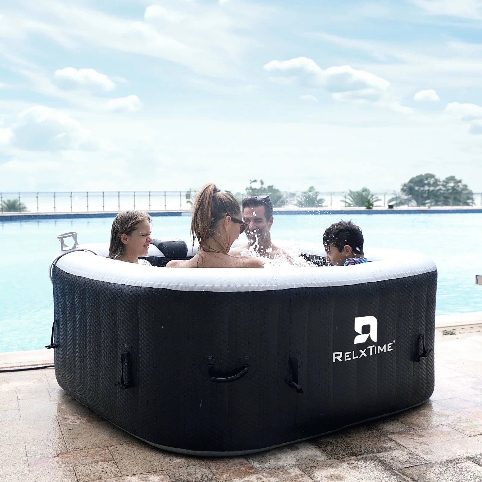 Inflatable Hot Tub Spa Square Portable Outdoor Pool with 120 Massage Jets for 2-4 Person, Black