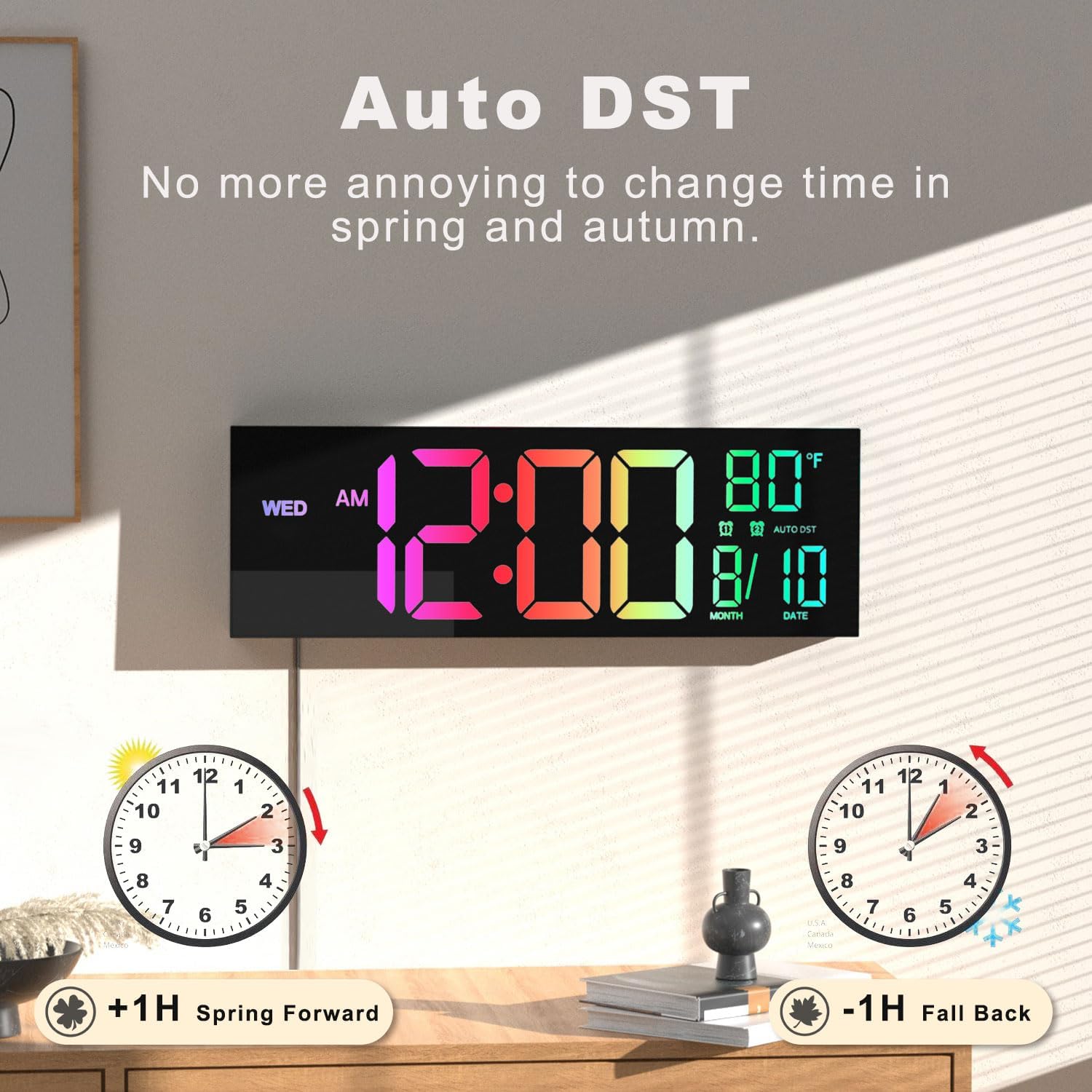 16" Large Digital Wall Clock with Remote Control, Dual Alarm with Big LED Screen Dispaly, 8 RGB Colors, Auto DST, Temperature, Mounted