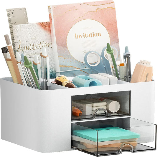 Pen Organizer with 2 Drawer, Multi-Functional Pencil Holder for Desk, Desk Organizers and Accessories with 5 Compartments + Drawer 