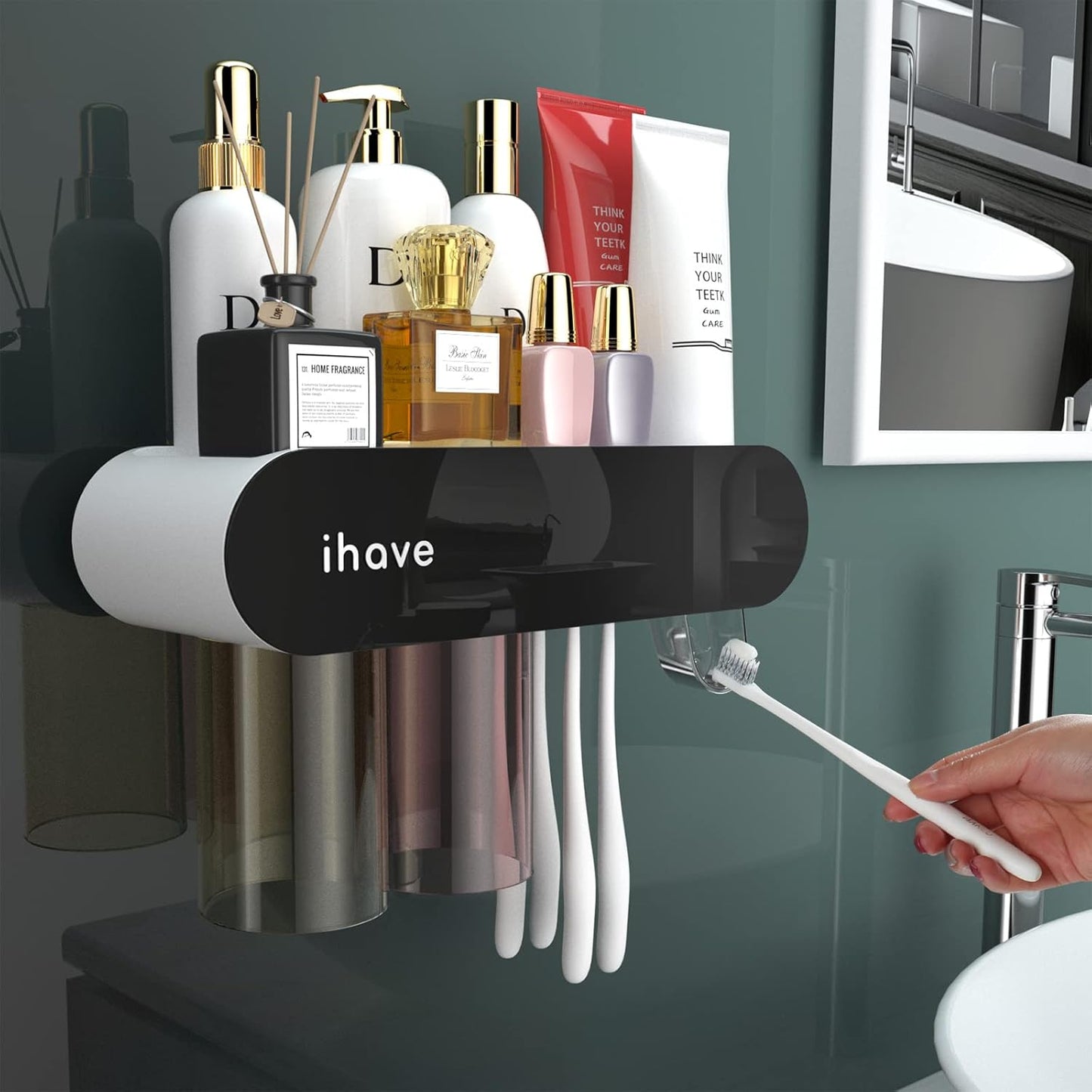 UV Toothbrush Sanitizer and Holder Smart Home Bathroom Accessory, 3 Cups Electric Toothbrush Holder Wall Mounted with Toothpaste Dispenser 