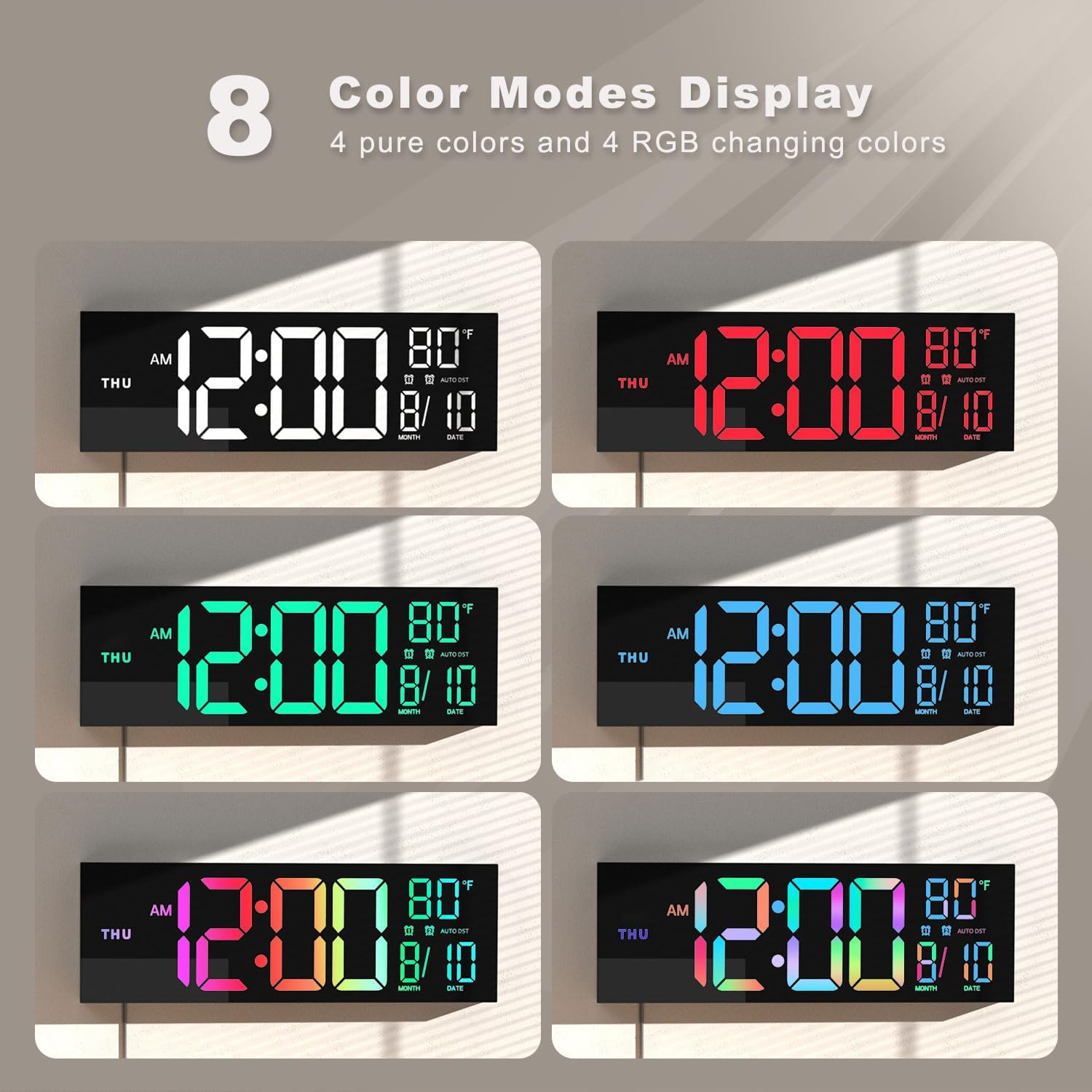 16" Large Digital Wall Clock with Remote Control, Dual Alarm with Big LED Screen Dispaly, 8 RGB Colors, Auto DST, Temperature, Mounted