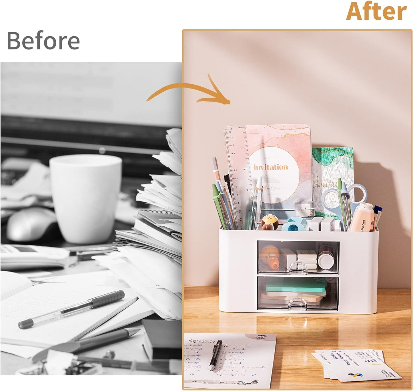 Pen Organizer with 2 Drawer, Multi-Functional Pencil Holder for Desk, Desk Organizers and Accessories with 5 Compartments + Drawer 