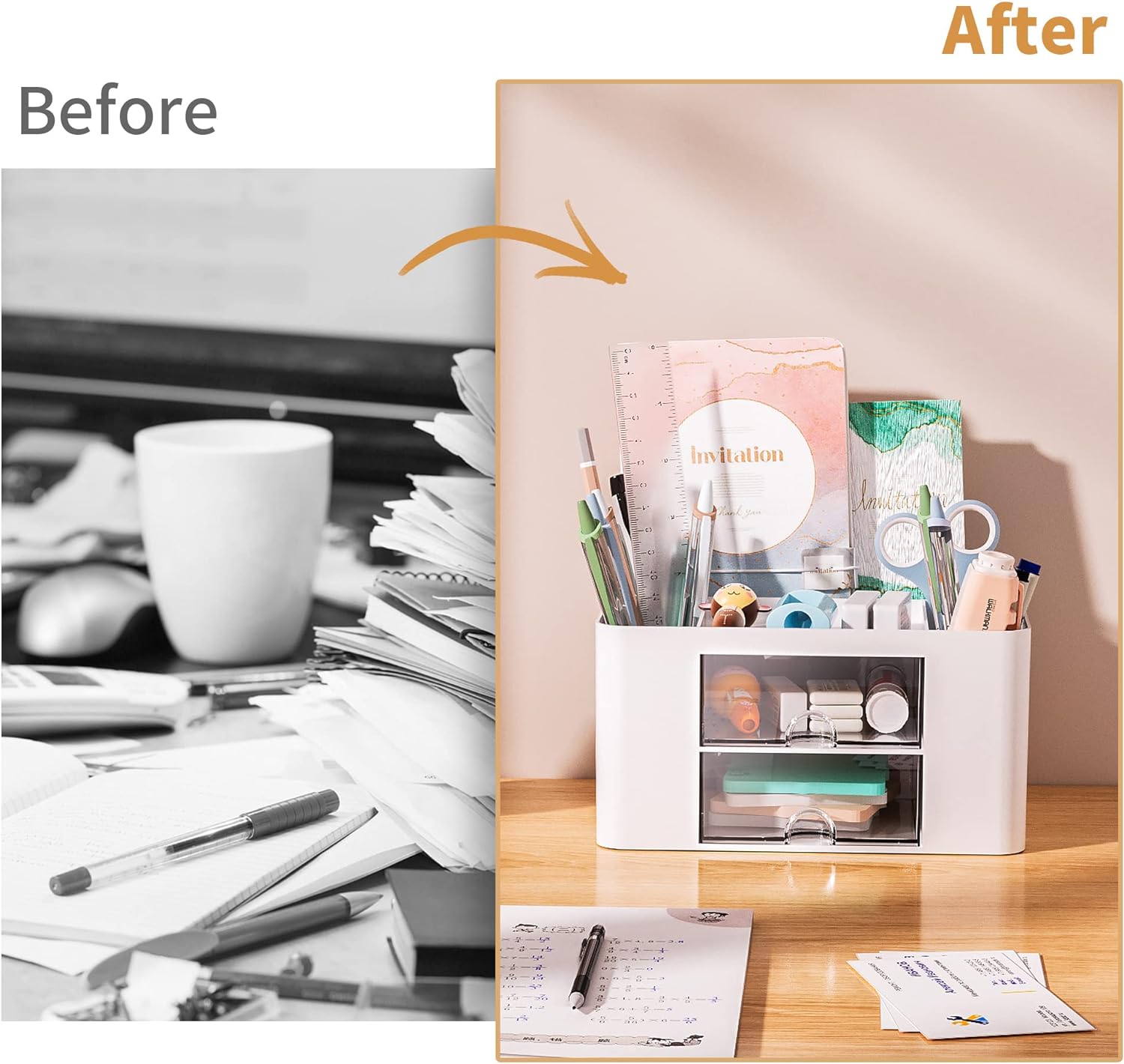 Pen Organizer with 2 Drawer, Multi-Functional Pencil Holder for Desk, Desk Organizers and Accessories with 5 Compartments + Drawer 