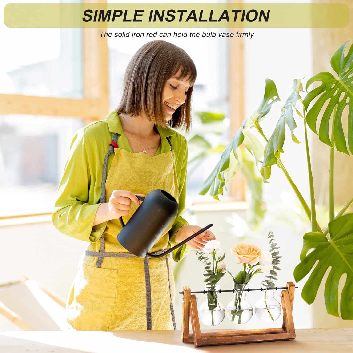 Plant Terrarium with Wooden Stand, Air Planter Bulb Glass Vase Metal Swivel Holder Retro Tabletop for Hydroponics - 3 Bulb Vase