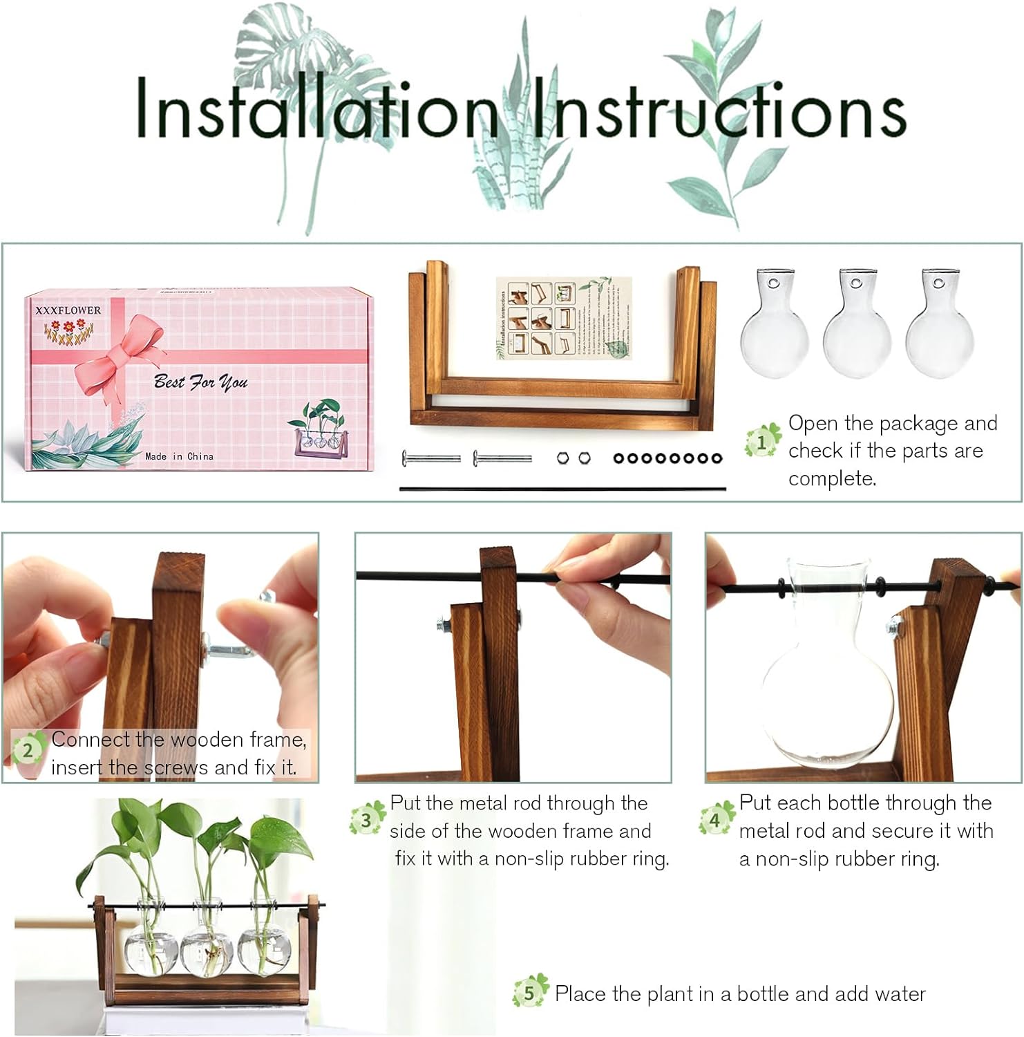 Plant Terrarium with Wooden Stand, Air Planter Bulb Glass Vase Metal Swivel Holder Retro Tabletop for Hydroponics - 3 Bulb Vase