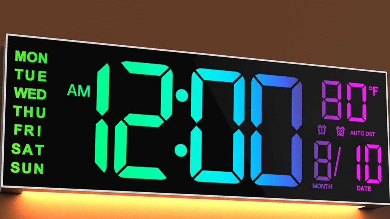 16" Large Digital Wall Clock with Remote Control, Dual Alarm with Big LED Screen Dispaly, 8 RGB Colors, Auto DST, Temperature, Mounted