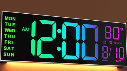 16" Large Digital Wall Clock with Remote Control, Dual Alarm with Big LED Screen Dispaly, 8 RGB Colors, Auto DST, Temperature, Mounted