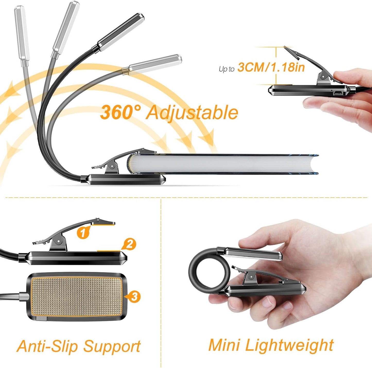 9 LED, Rechargeable, Small, Clip-On Book Light, 3 Color Temperatures, Stepless Dimming Brightness, 80 Hr Runtime
