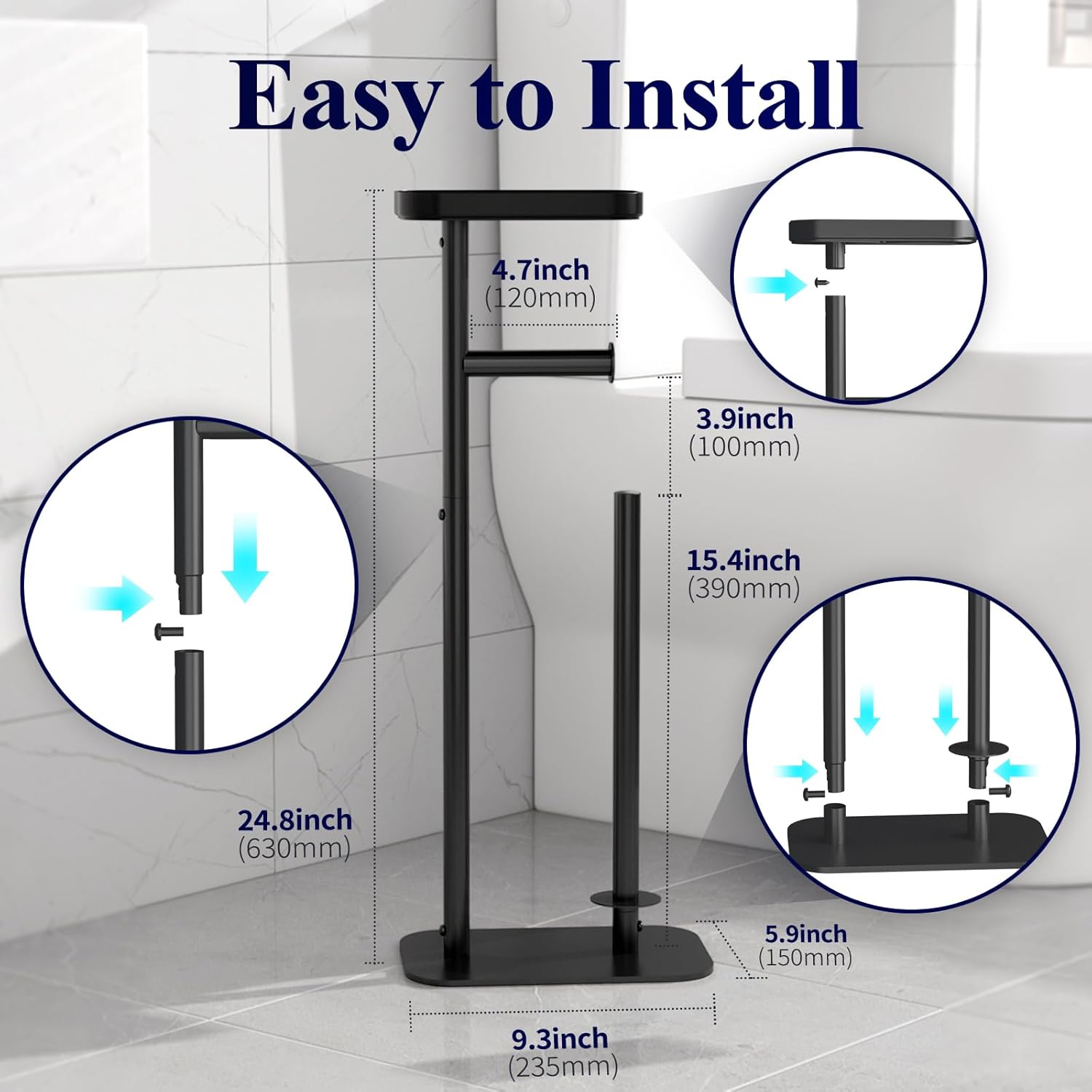 Free Standing, Multifunctional & Rustless Toilet Paper Holder, Stand for 4 Rolls, with Shelf for Phones & Small Items