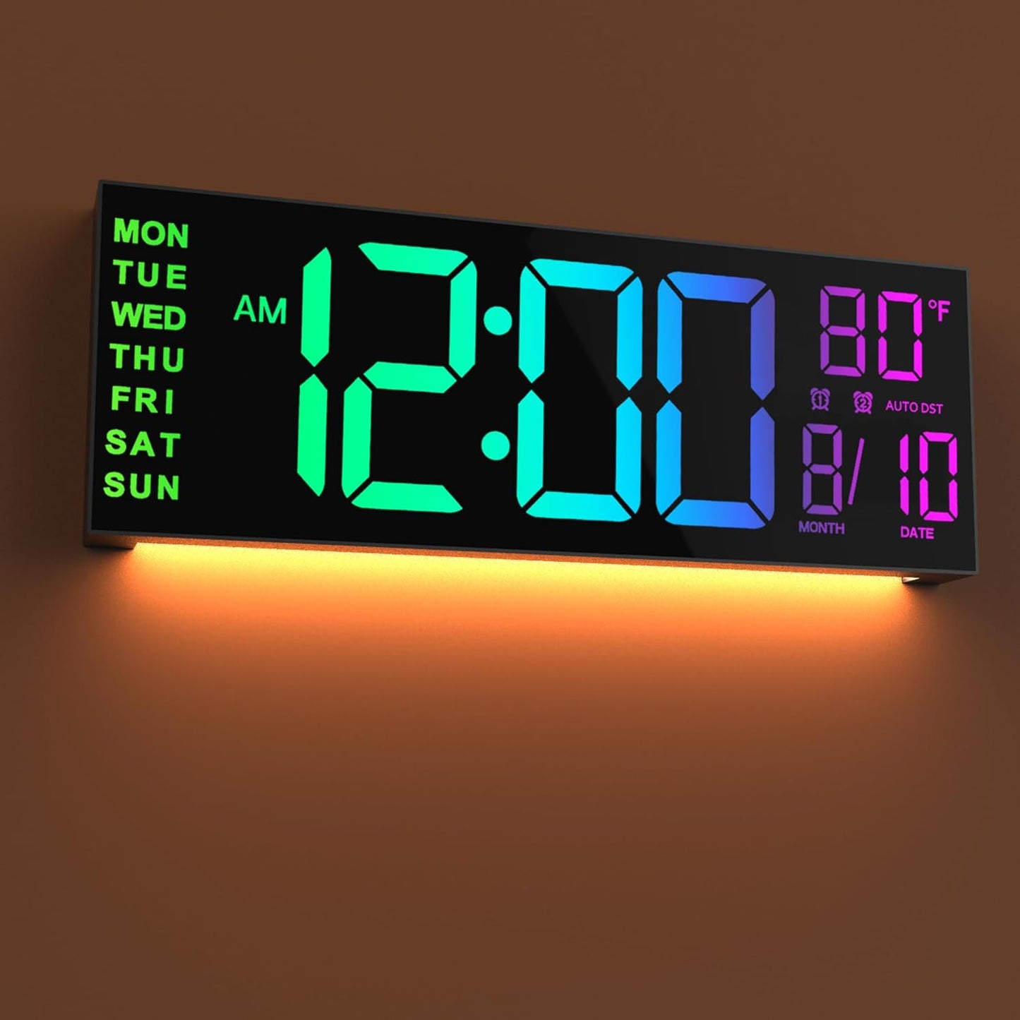 16" Large Digital Wall Clock with Remote Control, Dual Alarm with Big LED Screen Dispaly, 8 RGB Colors, Auto DST, Temperature, Mounted
