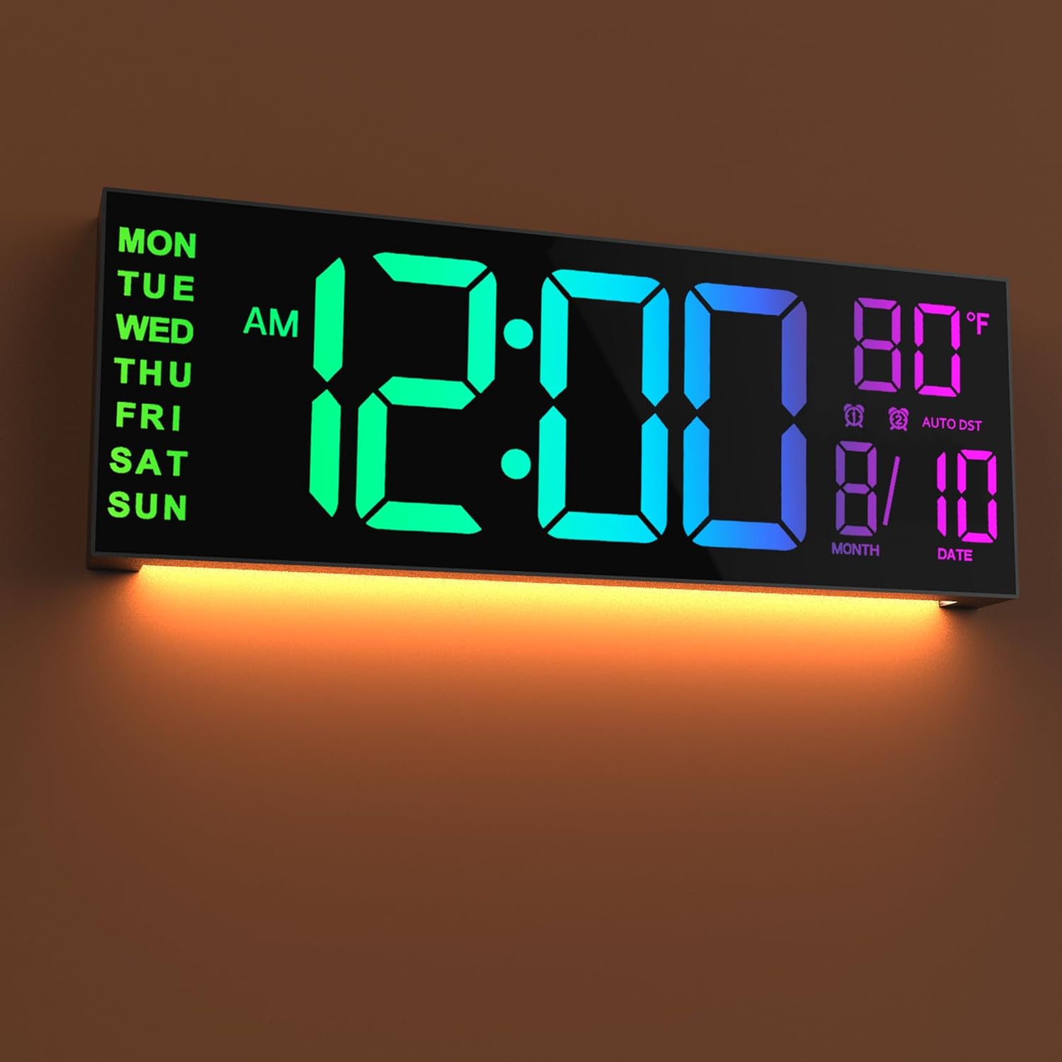 16" Large Digital Wall Clock with Remote Control, Dual Alarm with Big LED Screen Dispaly, 8 RGB Colors, Auto DST, Temperature, Mounted