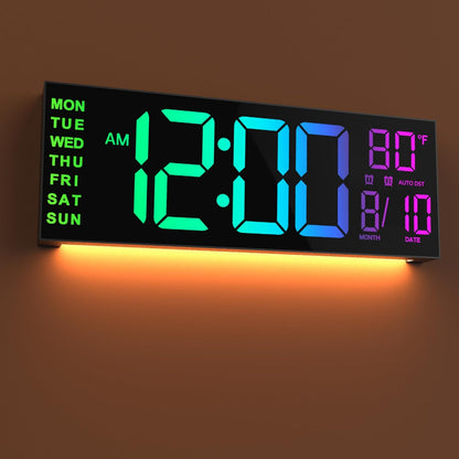 16" Large Digital Wall Clock with Remote Control, Dual Alarm with Big LED Screen Dispaly, 8 RGB Colors, Auto DST, Temperature, Mounted
