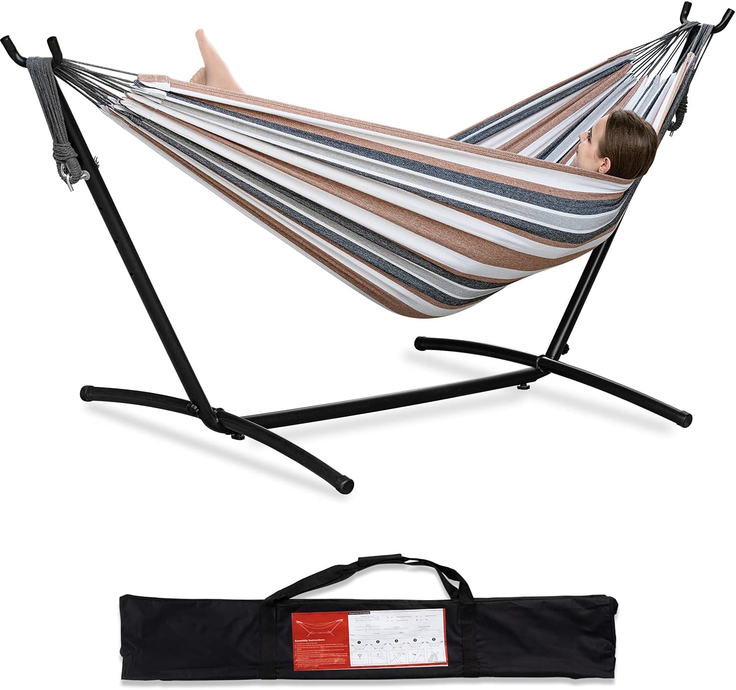 Heavy Duty 2 Person Hammock with Space Saving Steel Stand and Portable Carrying Bag Included (450Lb Capacity)