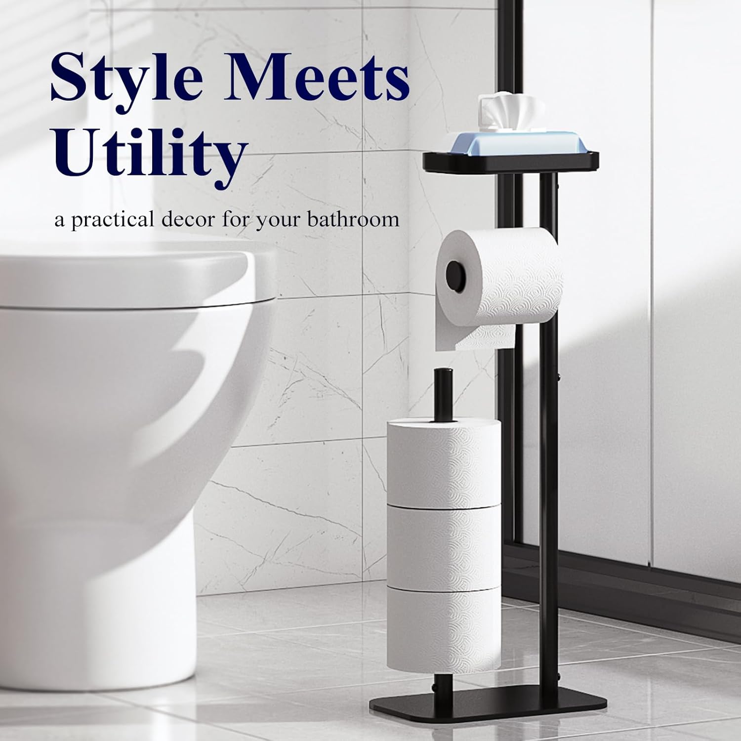 Free Standing, Multifunctional & Rustless Toilet Paper Holder, Stand for 4 Rolls, with Shelf for Phones & Small Items