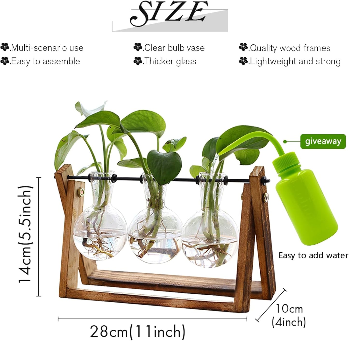 Plant Terrarium with Wooden Stand, Air Planter Bulb Glass Vase Metal Swivel Holder Retro Tabletop for Hydroponics - 3 Bulb Vase