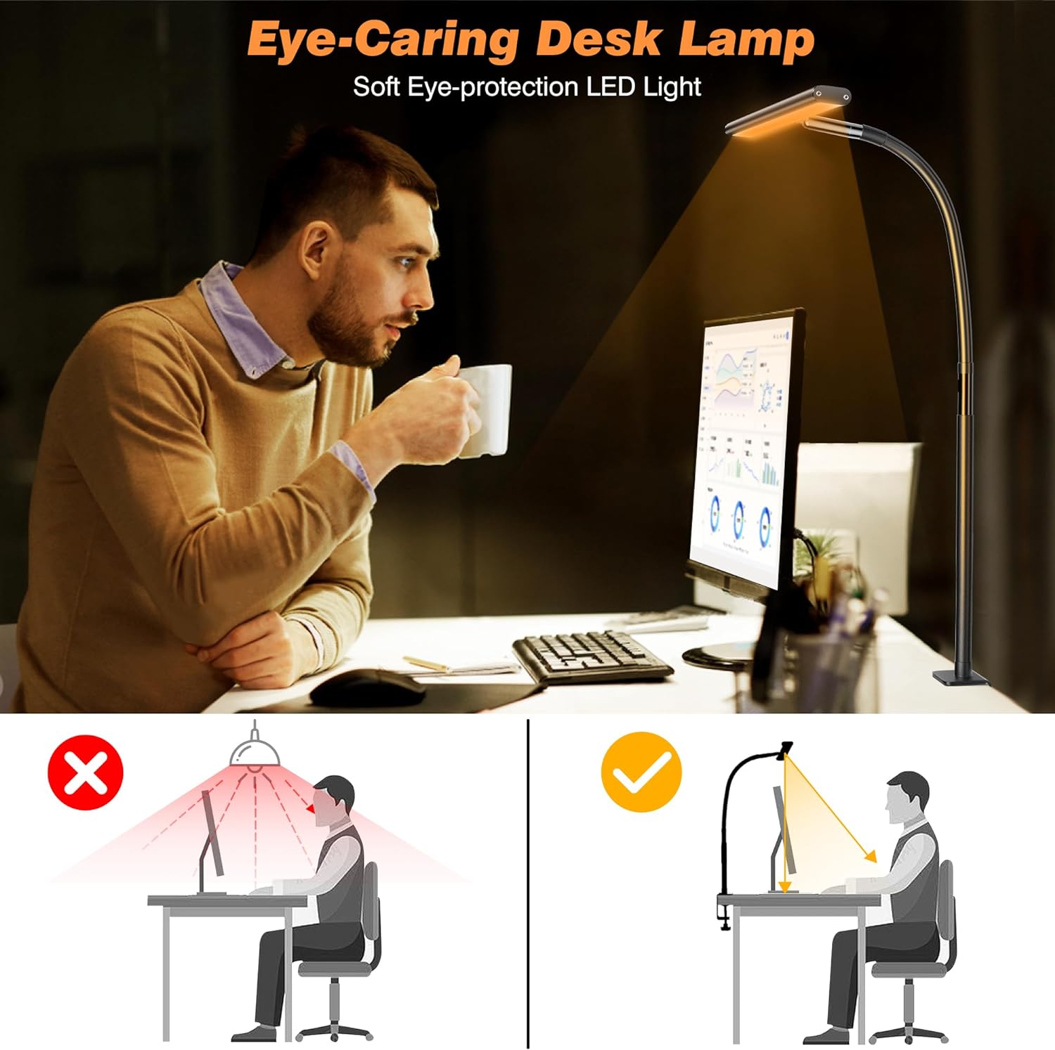 LED Desk Lamp , Eye-Caring with Stepless Dimming Adjustable Flexible Gooseneck, 10W USB Adapter with Clamp for Reading/Studying