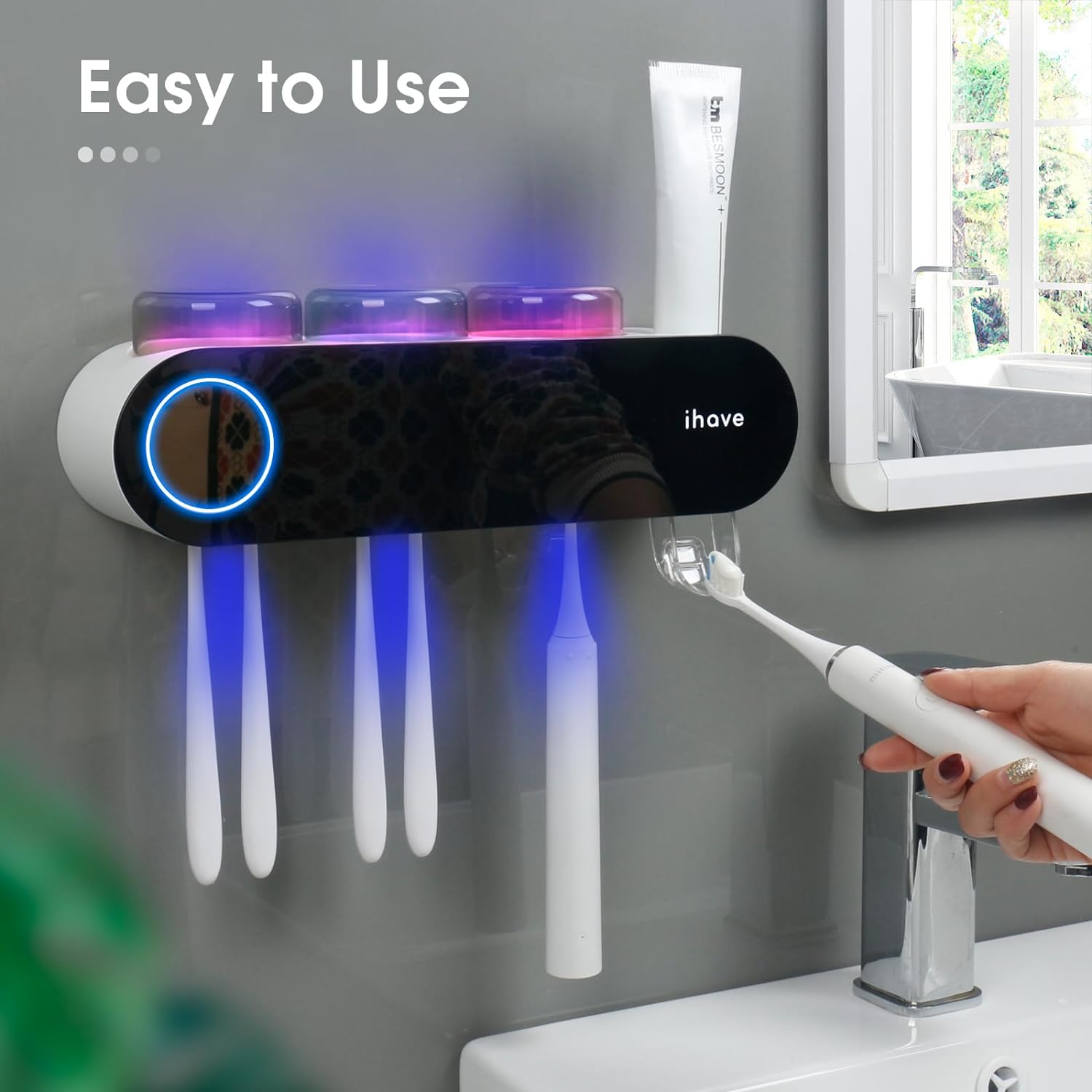 UV Toothbrush Sanitizer and Holder Smart Home Bathroom Accessory, 3 Cups Electric Toothbrush Holder Wall Mounted with Toothpaste Dispenser 