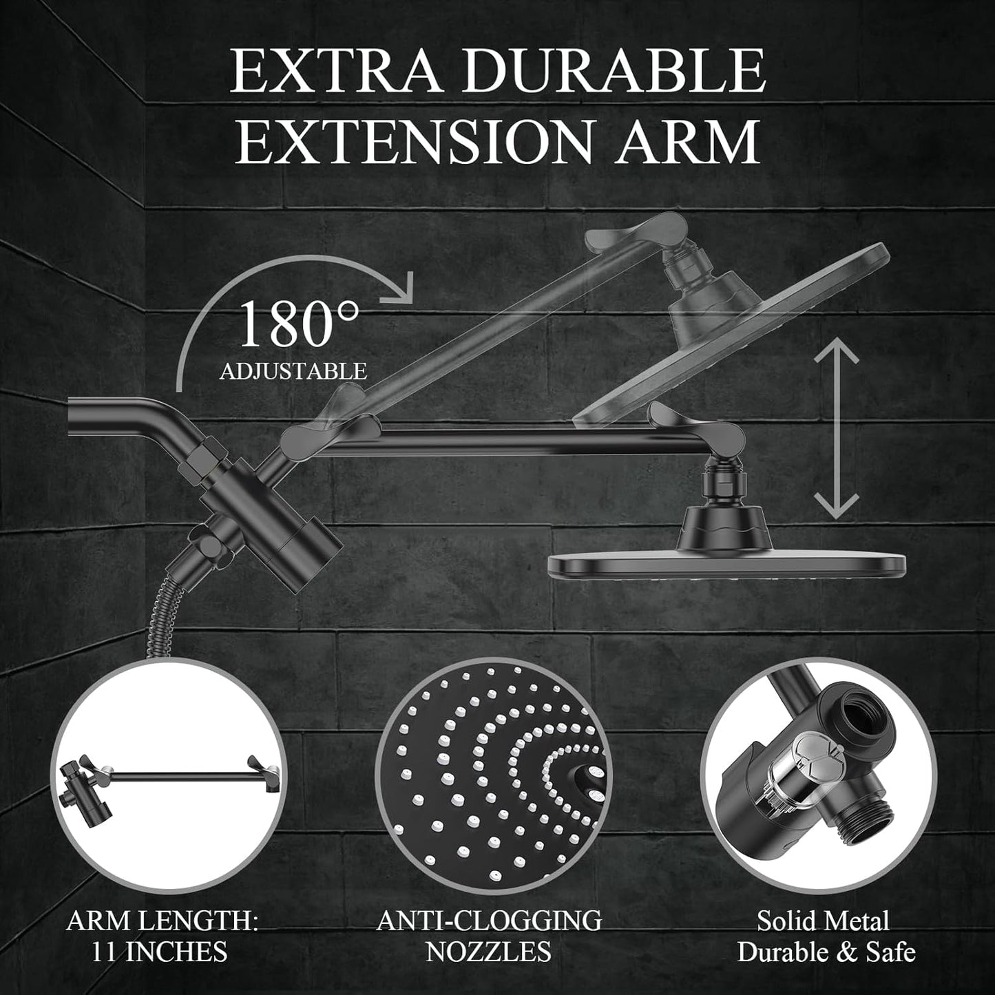 High Pressure Rain Shower Head Combo with Extension Arm- Wide Showerhead with 6 Handheld Water Spray - Adjustable Dual Shower with Anti-Clog Nozzles 