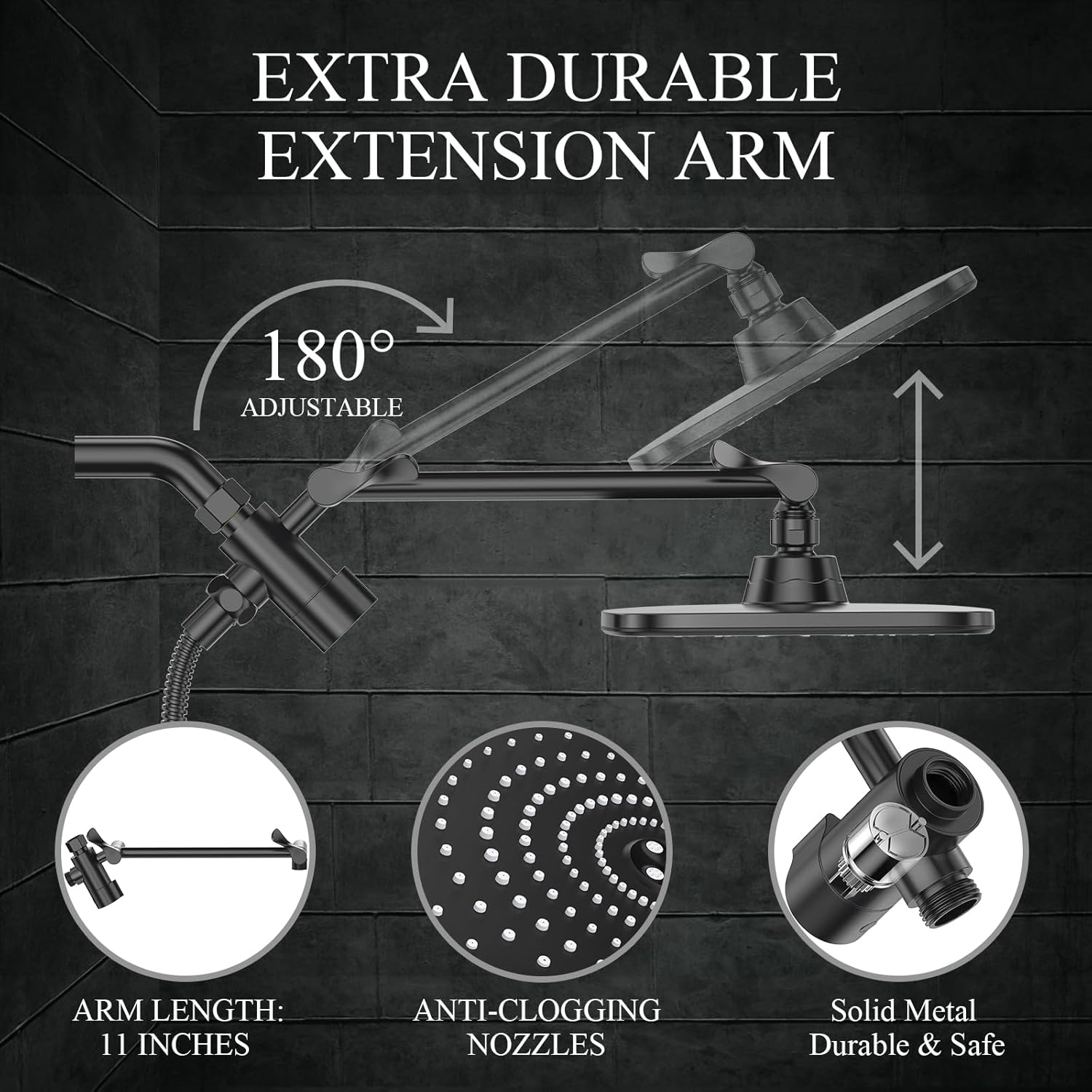 High Pressure Rain Shower Head Combo with Extension Arm- Wide Showerhead with 6 Handheld Water Spray - Adjustable Dual Shower with Anti-Clog Nozzles 