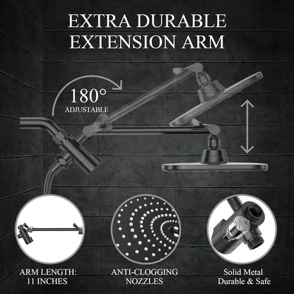 High Pressure Rain Shower Head Combo with Extension Arm- Wide Showerhead with 6 Handheld Water Spray - Adjustable Dual Shower with Anti-Clog Nozzles 