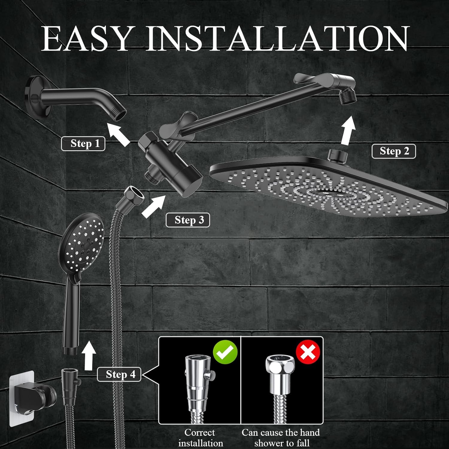 High Pressure Rain Shower Head Combo with Extension Arm- Wide Showerhead with 6 Handheld Water Spray - Adjustable Dual Shower with Anti-Clog Nozzles 