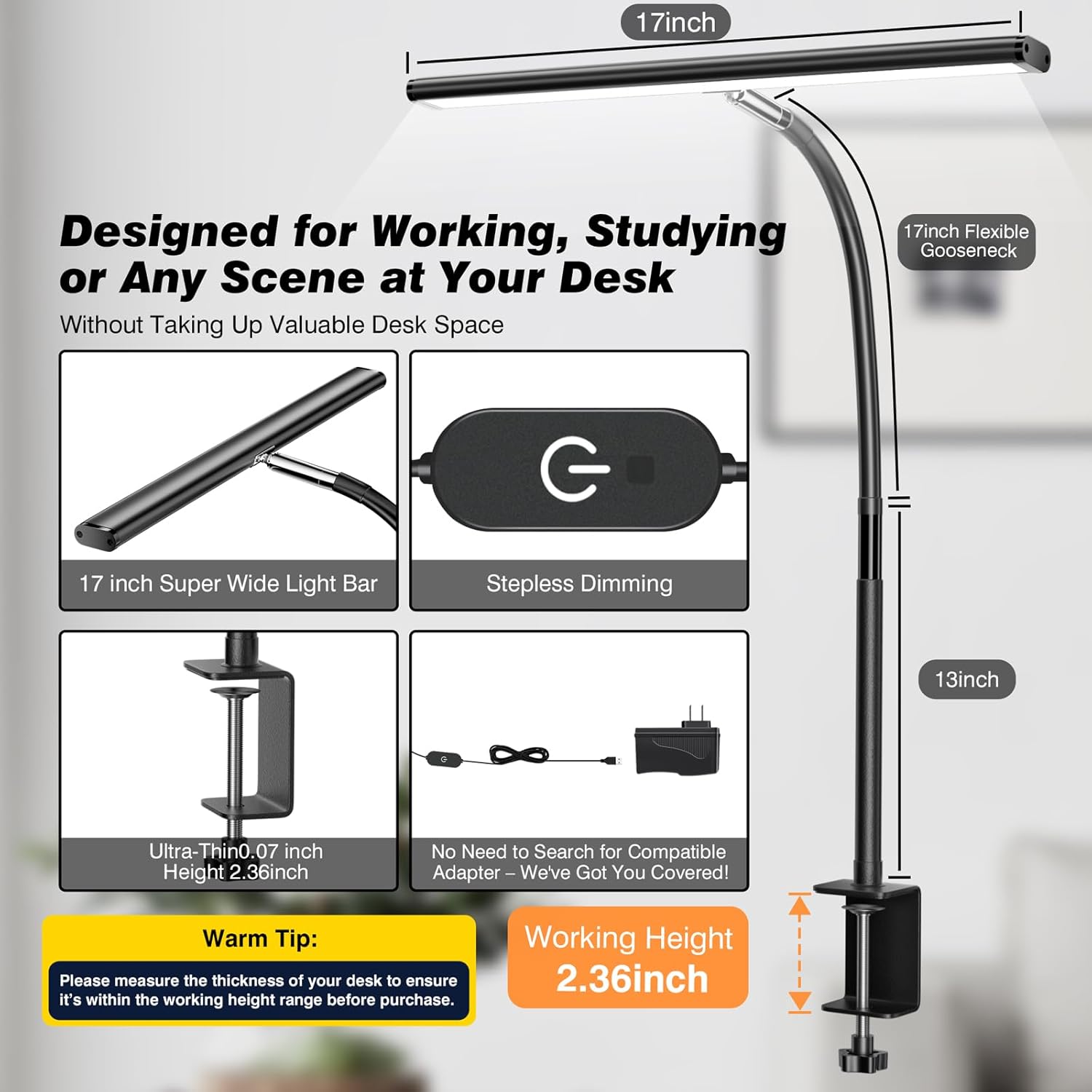 LED Desk Lamp , Eye-Caring with Stepless Dimming Adjustable Flexible Gooseneck, 10W USB Adapter with Clamp for Reading/Studying