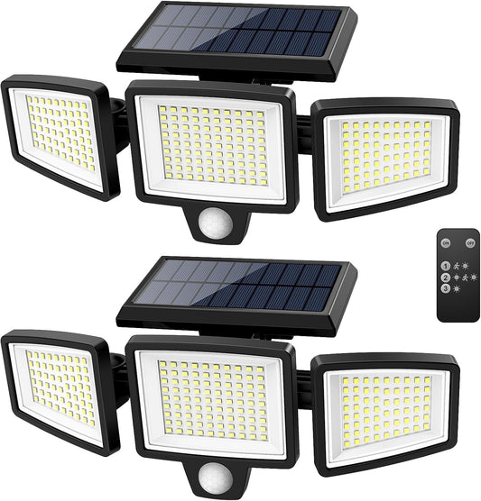 3 Head, Outdoor, Solar, Security, Motion Sensor Lights, 2500LM 210 LED, With Remote Control,  IP65 Waterproof,270° Wide Angle Flood Wall Lights with 3 Modes(2 Packs) (2 Pack, 2)