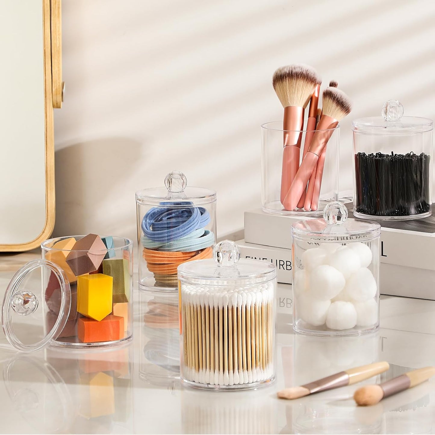 4 Pack Acrylic Qtip Holder Dispenser for Cotton Swabs, Balls, Pads, Floss Picks- Small Clear Plastic Canister Apothecary Jar Set, Vanity Makeup Storage Organizer