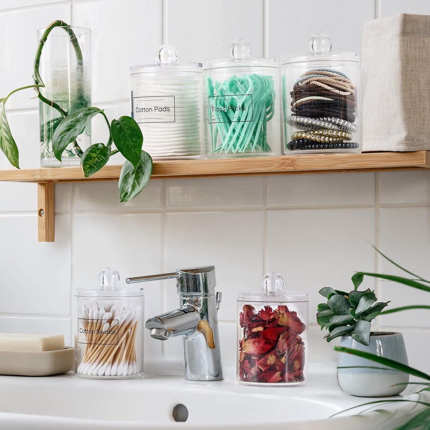 4 Pack Acrylic Qtip Holder Dispenser for Cotton Swabs, Balls, Pads, Floss Picks- Small Clear Plastic Canister Apothecary Jar Set, Vanity Makeup Storage Organizer