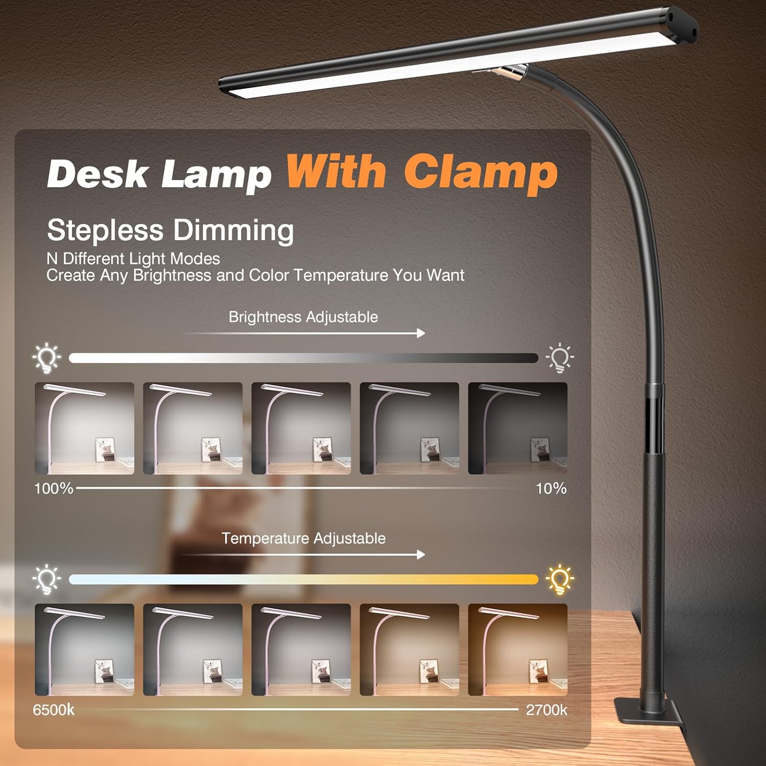 LED Desk Lamp , Eye-Caring with Stepless Dimming Adjustable Flexible Gooseneck, 10W USB Adapter with Clamp for Reading/Studying