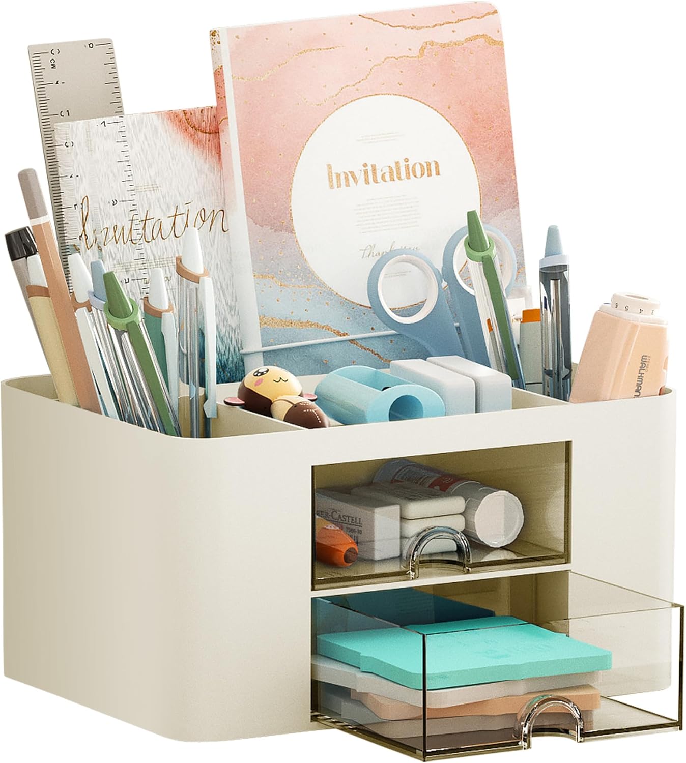 Pen Organizer with 2 Drawer, Multi-Functional Pencil Holder for Desk, Desk Organizers and Accessories with 5 Compartments + Drawer 