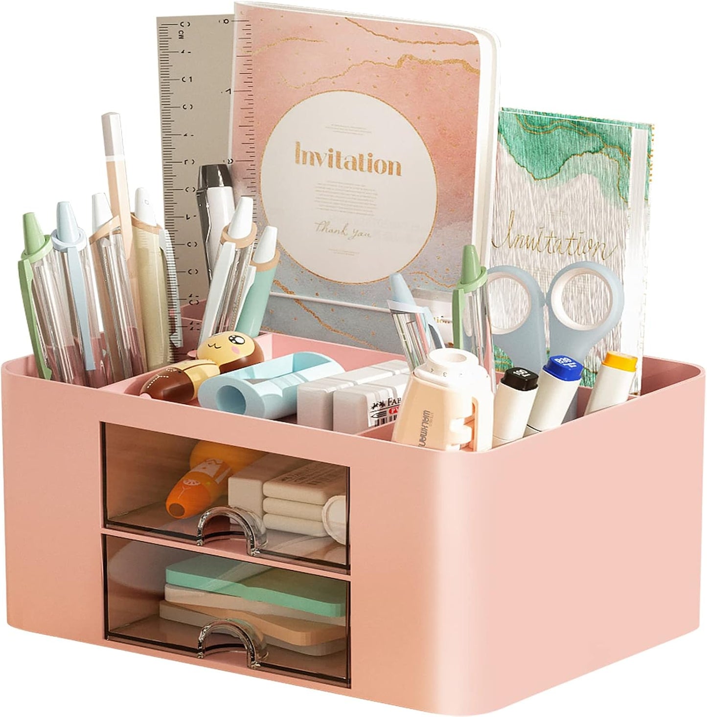 Pen Organizer with 2 Drawer, Multi-Functional Pencil Holder for Desk, Desk Organizers and Accessories with 5 Compartments + Drawer 