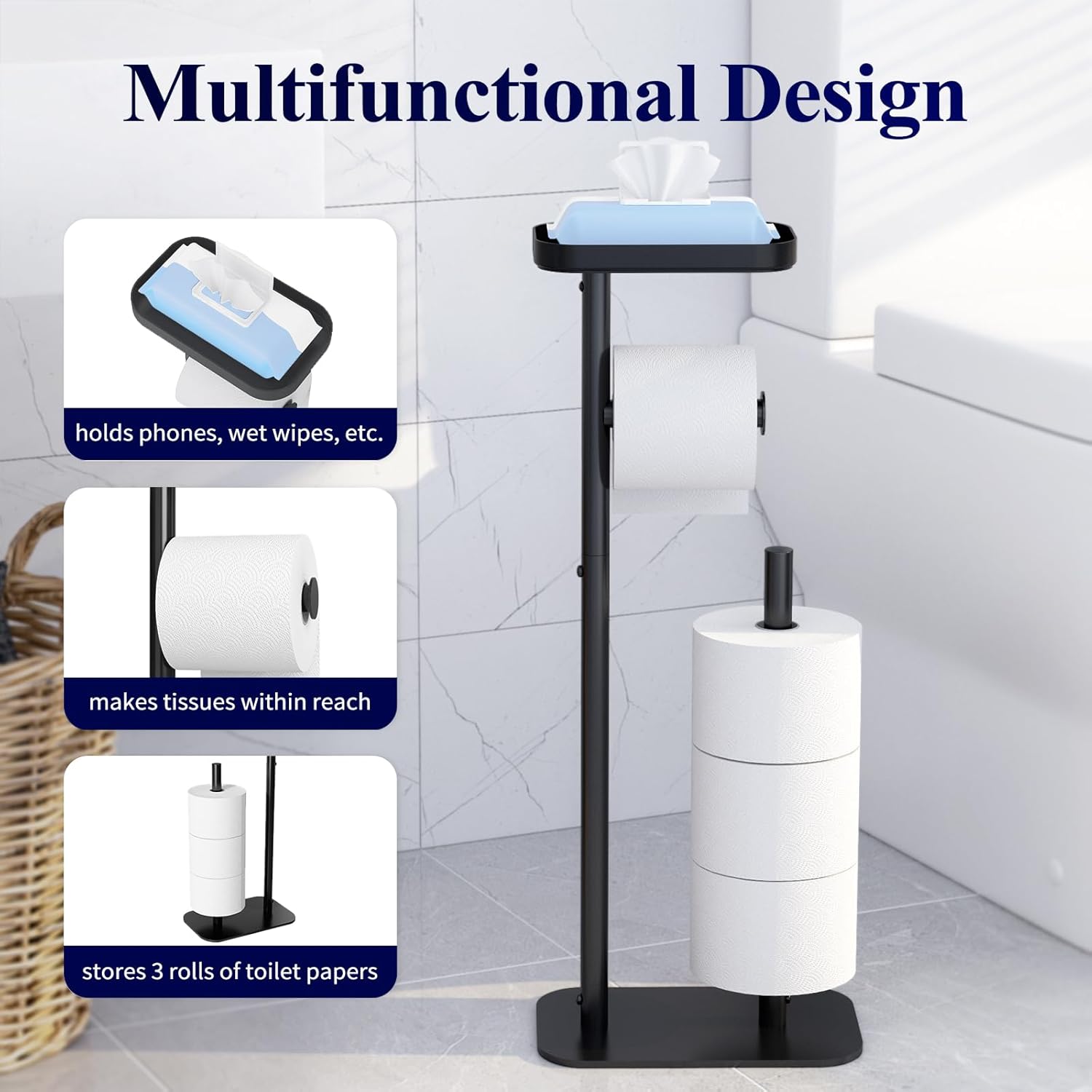 Free Standing, Multifunctional & Rustless Toilet Paper Holder, Stand for 4 Rolls, with Shelf for Phones & Small Items