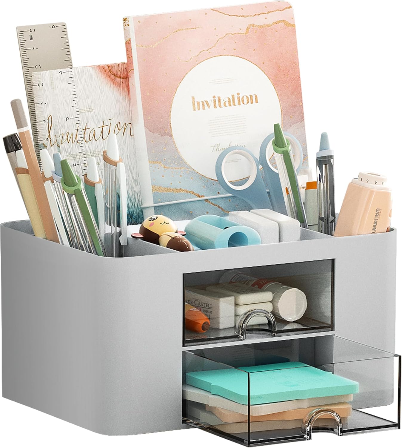 Pen Organizer with 2 Drawer, Multi-Functional Pencil Holder for Desk, Desk Organizers and Accessories with 5 Compartments + Drawer 