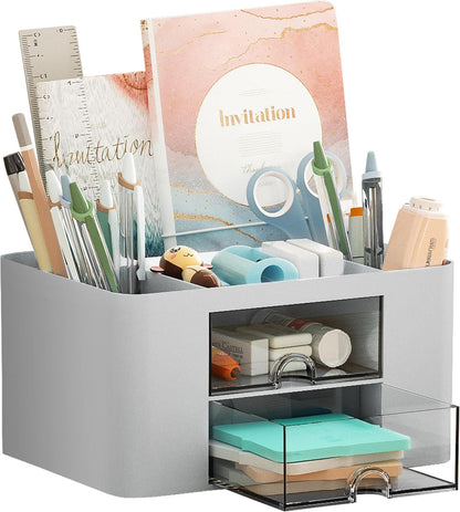 Pen Organizer with 2 Drawer, Multi-Functional Pencil Holder for Desk, Desk Organizers and Accessories with 5 Compartments + Drawer 