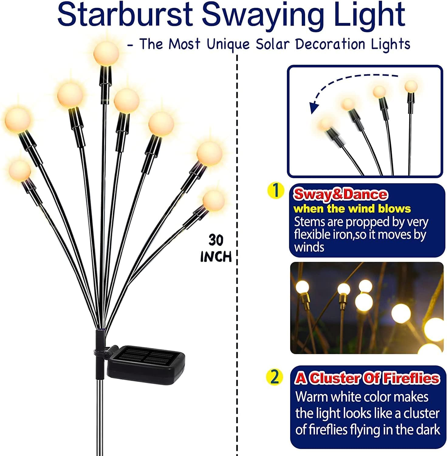 Solar Garden Lights - Sway by Wind, Solar Outdoor Lights, High Flexibility Iron Wire & Heavy Bulb Base, Warm White