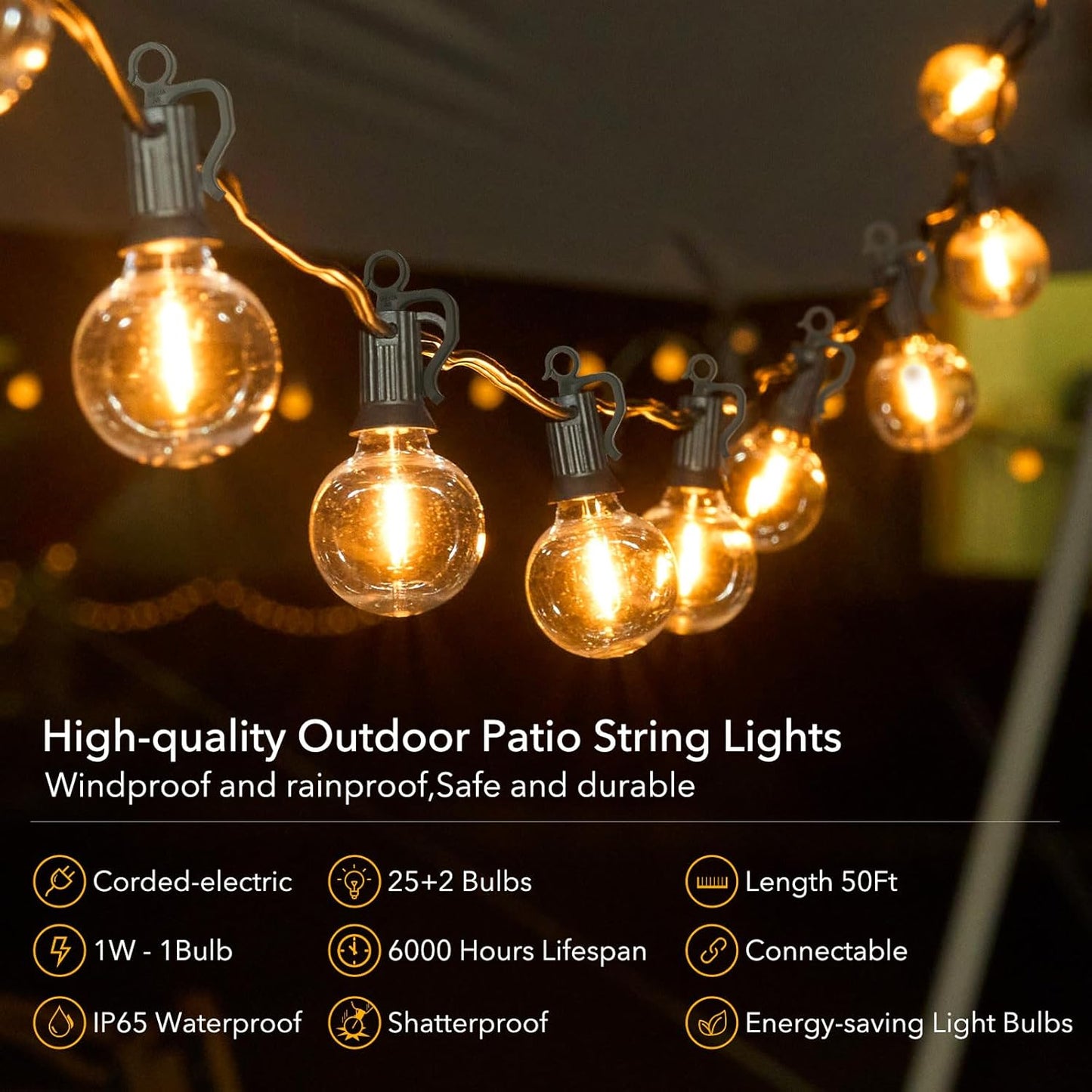 Outdoor String Lights - Connectable Dimmable LED Lights with G40 Globe Plastic Bulbs, All Weatherproof Hanging Lights (50 Ft - 25 LED Bulbs)