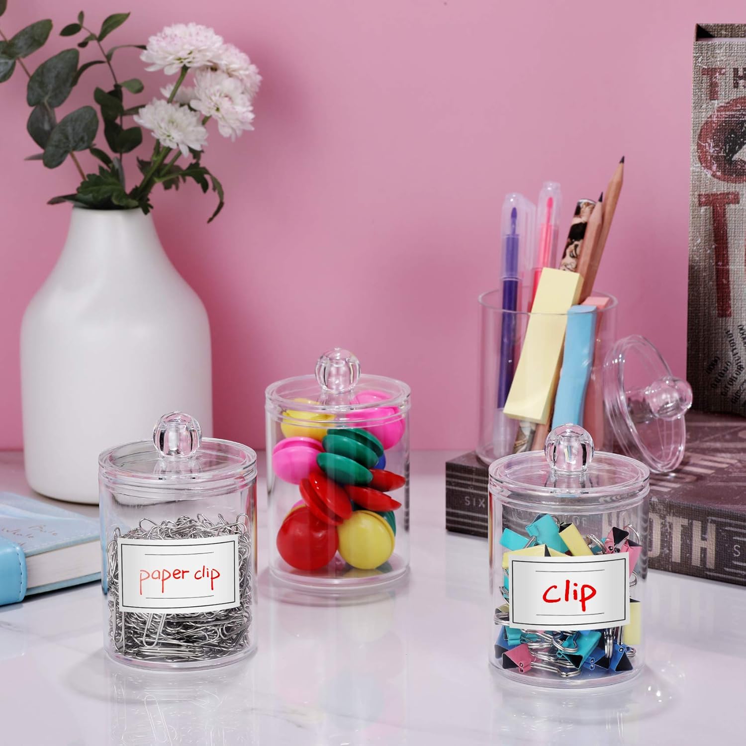 4 Pack Acrylic Qtip Holder Dispenser for Cotton Swabs, Balls, Pads, Floss Picks- Small Clear Plastic Canister Apothecary Jar Set, Vanity Makeup Storage Organizer