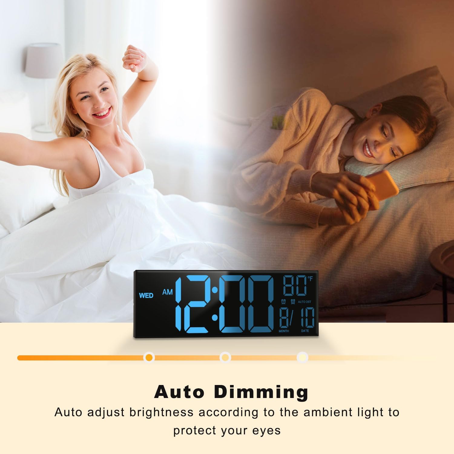 16" Large Digital Wall Clock with Remote Control, Dual Alarm with Big LED Screen Dispaly, 8 RGB Colors, Auto DST, Temperature, Mounted