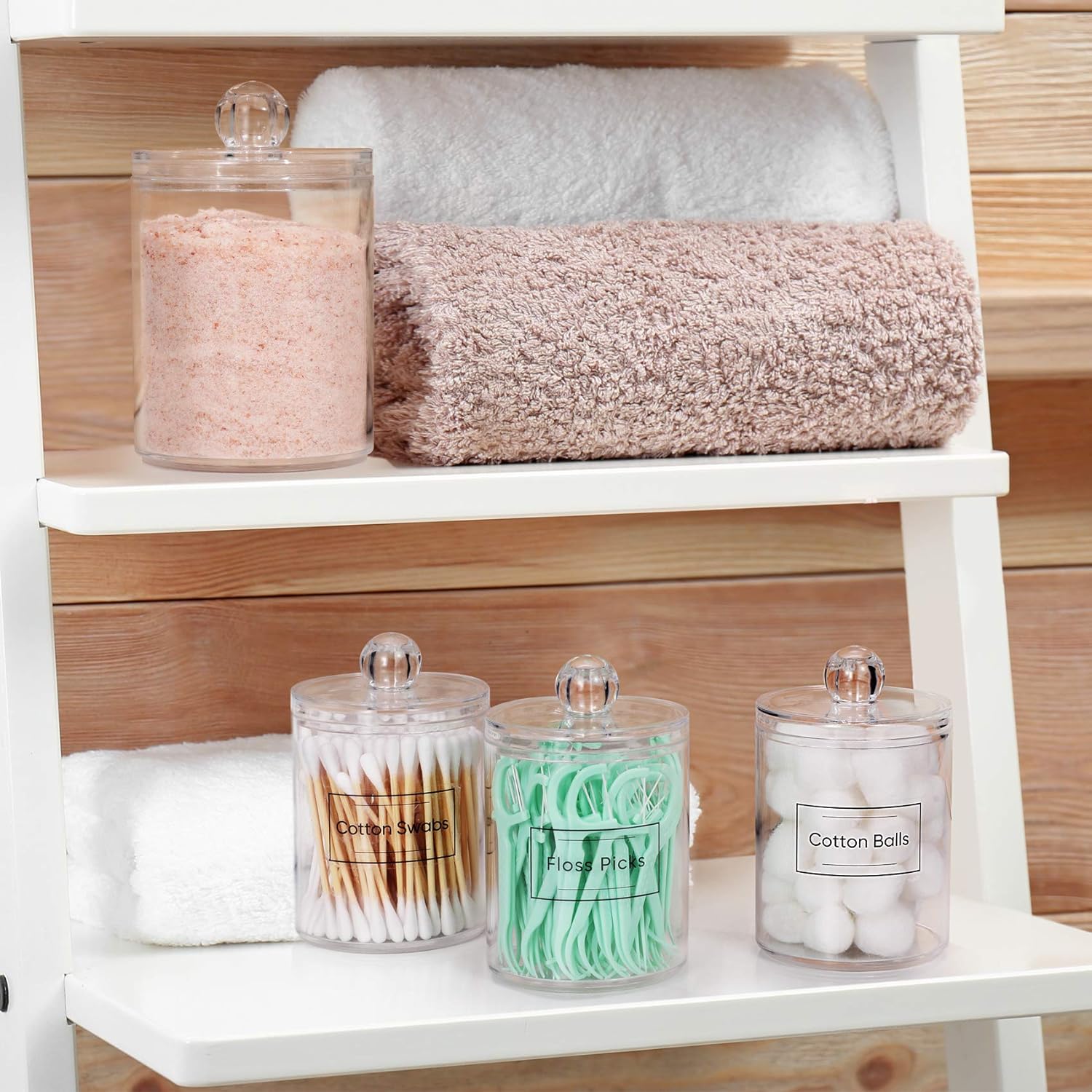 4 Pack Acrylic Qtip Holder Dispenser for Cotton Swabs, Balls, Pads, Floss Picks- Small Clear Plastic Canister Apothecary Jar Set, Vanity Makeup Storage Organizer