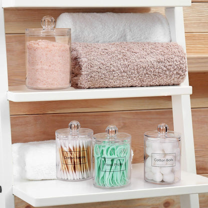 4 Pack Acrylic Qtip Holder Dispenser for Cotton Swabs, Balls, Pads, Floss Picks- Small Clear Plastic Canister Apothecary Jar Set, Vanity Makeup Storage Organizer