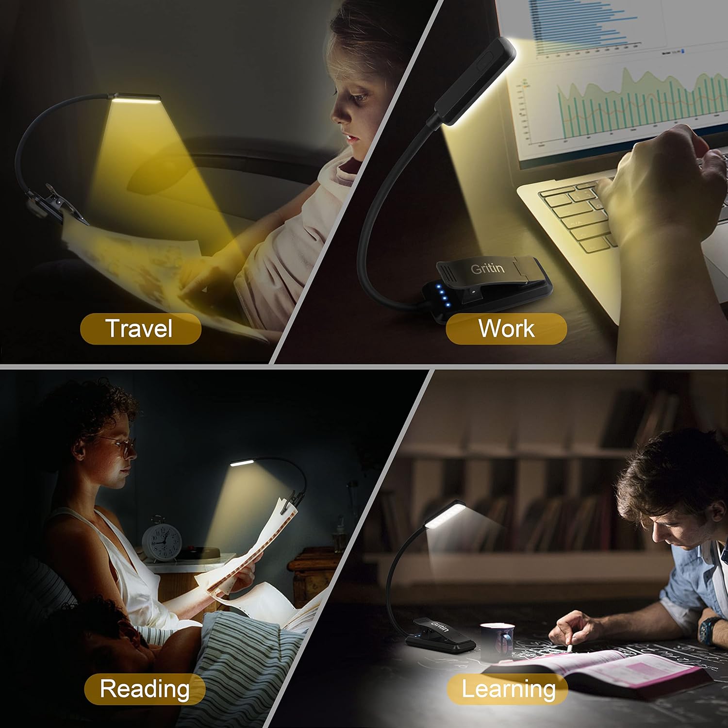 9 LED, Rechargeable, Small, Clip-On Book Light, 3 Color Temperatures, Stepless Dimming Brightness, 80 Hr Runtime