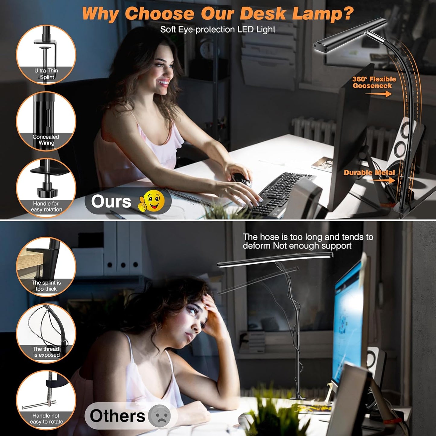 LED Desk Lamp , Eye-Caring with Stepless Dimming Adjustable Flexible Gooseneck, 10W USB Adapter with Clamp for Reading/Studying