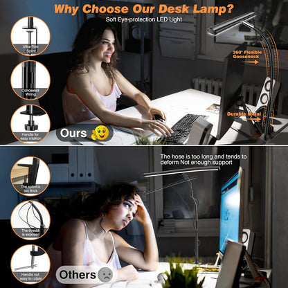 LED Desk Lamp , Eye-Caring with Stepless Dimming Adjustable Flexible Gooseneck, 10W USB Adapter with Clamp for Reading/Studying