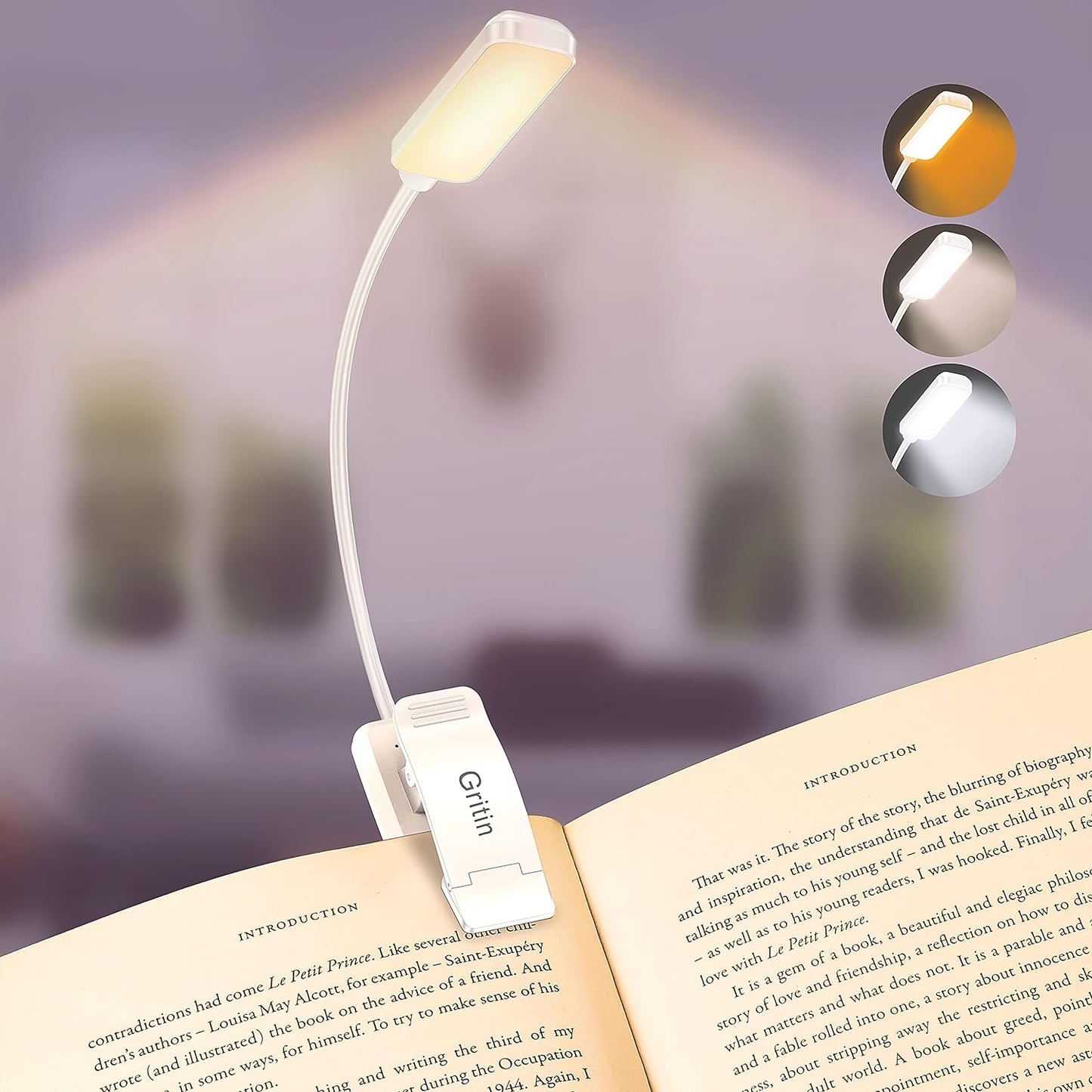 9 LED, Rechargeable, Small, Clip-On Book Light, 3 Color Temperatures, Stepless Dimming Brightness, 80 Hr Runtime